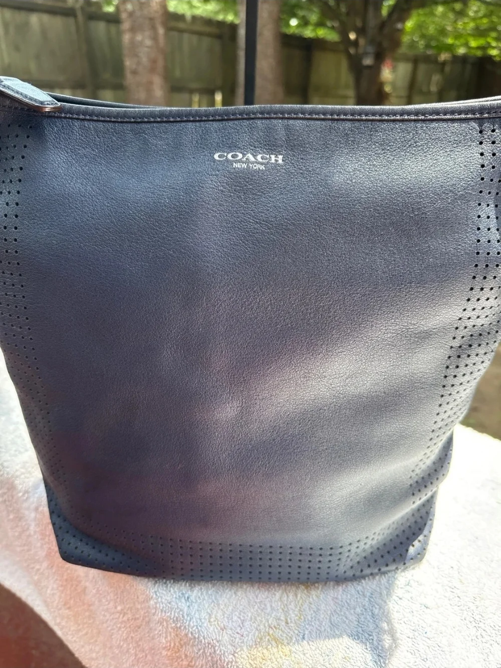 Coach Perforated Legacy Leather Bucket Bag in Navy No Strap
